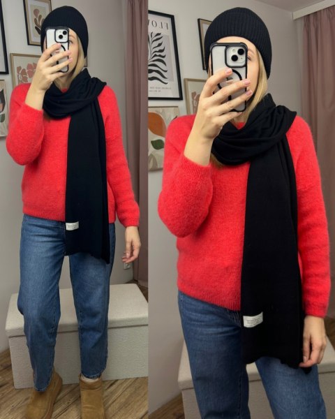 Komplet czarny czapka szalik wełna wiskoza kaszmir wełniany Cashmere- SOFTELLA