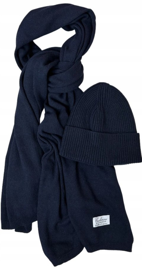 Komplet kaszmirowy granatowy wełniany wełna kaszmir czapka szalik Cashmere- CASHMIRA