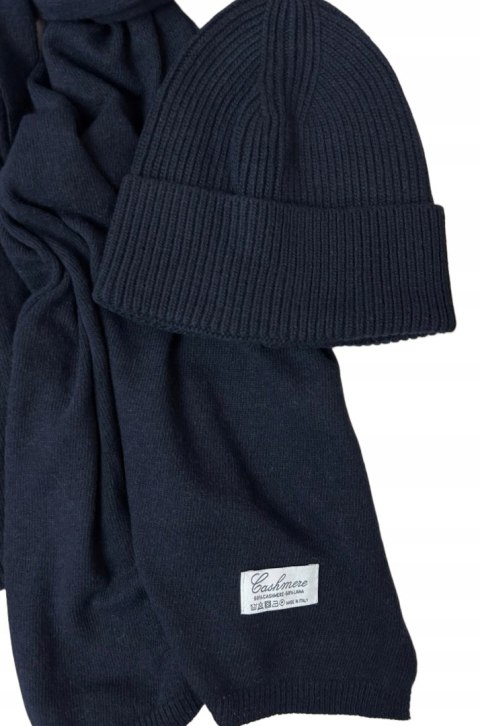 Komplet kaszmirowy granatowy wełniany wełna kaszmir czapka szalik Cashmere- CASHMIRA