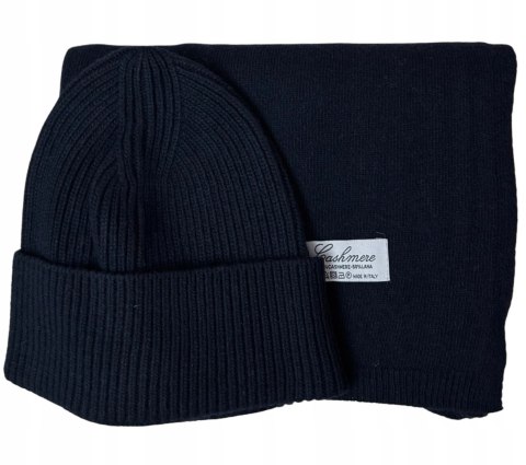 Komplet kaszmirowy granatowy wełniany wełna kaszmir czapka szalik Cashmere- CASHMIRA