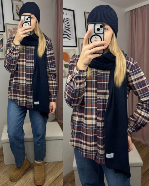 Komplet kaszmirowy granatowy wełniany wełna kaszmir czapka szalik Cashmere- CASHMIRA