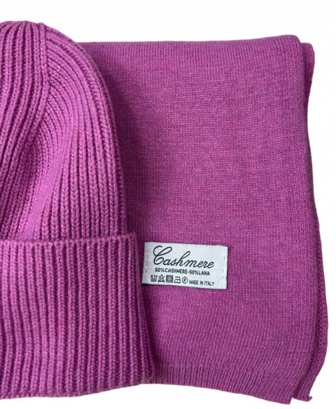 Komplet kaszmirowy wełniany wełna kaszmir czapka szalik jagodowy Cashmere- CASHMIRA
