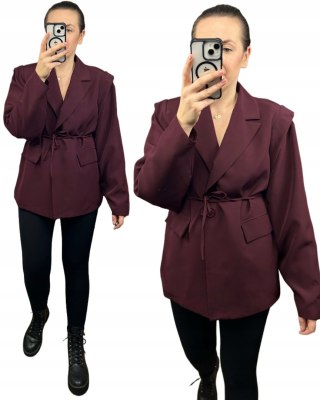 Marynarka oversize luźna poduszki na ramionach wiązanie bordowa- VALENTINA