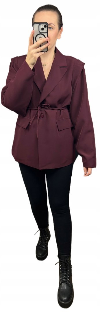 Marynarka oversize luźna poduszki na ramionach wiązanie bordowa- VALENTINA