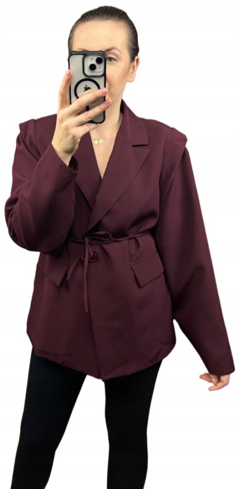 Marynarka oversize luźna poduszki na ramionach wiązanie bordowa- VALENTINA