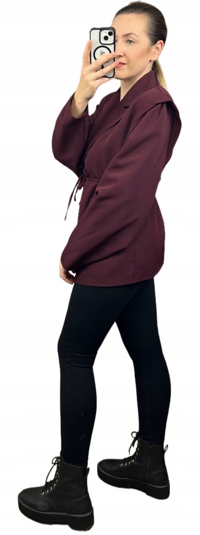 Marynarka oversize luźna poduszki na ramionach wiązanie bordowa- VALENTINA