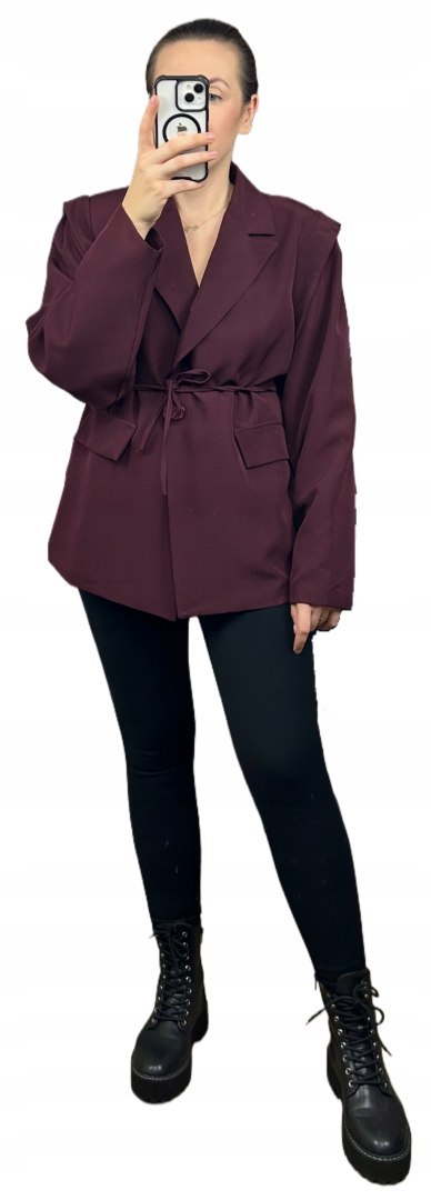Marynarka oversize luźna poduszki na ramionach wiązanie bordowa- VALENTINA
