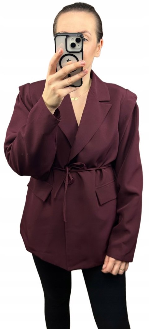 Marynarka oversize luźna poduszki na ramionach wiązanie bordowa- VALENTINA