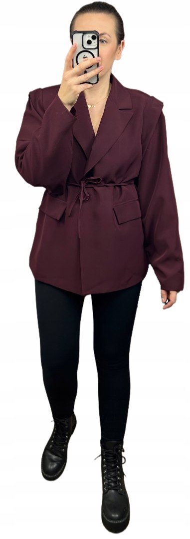 Marynarka oversize luźna poduszki na ramionach wiązanie bordowa- VALENTINA