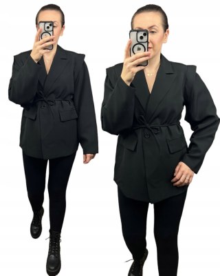 Marynarka oversize luźna poduszki na ramionach wiązanie czarna- VALENTINA