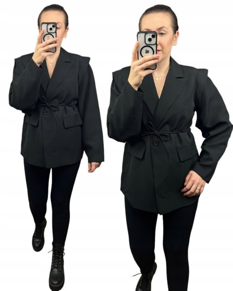 Marynarka oversize luźna poduszki na ramionach wiązanie czarna- VALENTINA