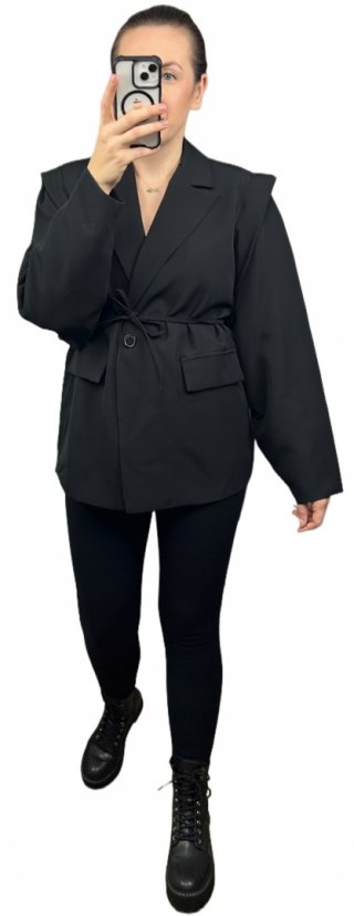 Marynarka oversize luźna poduszki na ramionach wiązanie czarna- VALENTINA