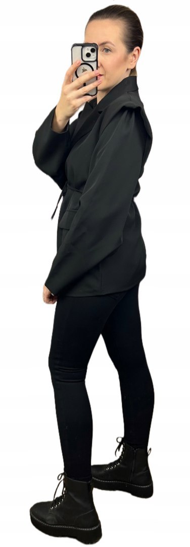 Marynarka oversize luźna poduszki na ramionach wiązanie czarna- VALENTINA