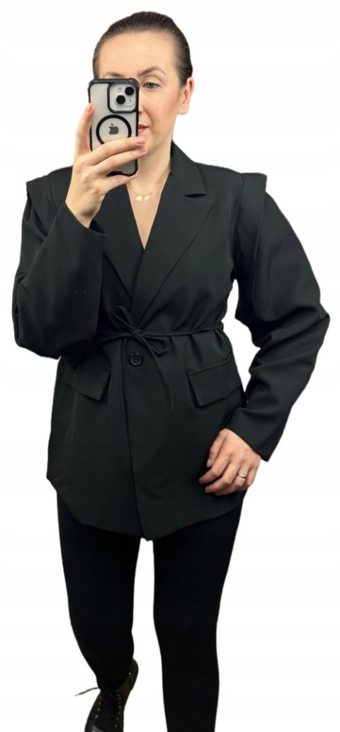 Marynarka oversize luźna poduszki na ramionach wiązanie czarna- VALENTINA