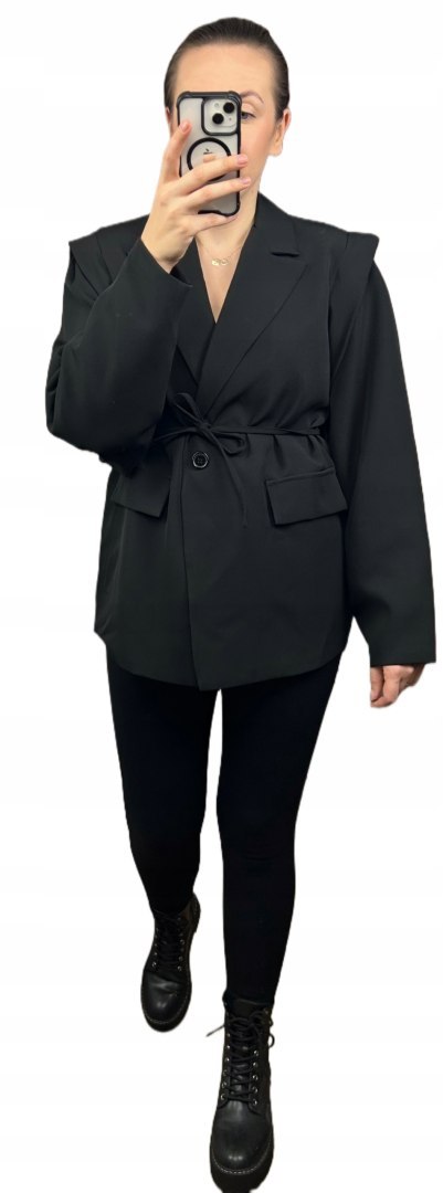 Marynarka oversize luźna poduszki na ramionach wiązanie czarna- VALENTINA