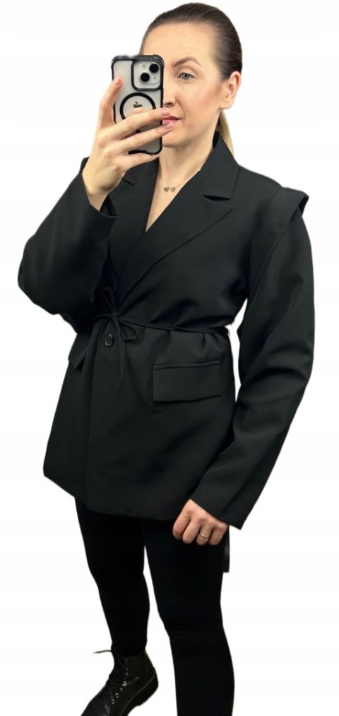 Marynarka oversize luźna poduszki na ramionach wiązanie czarna- VALENTINA