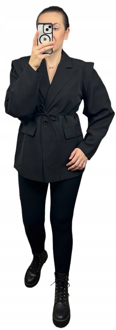 Marynarka oversize luźna poduszki na ramionach wiązanie czarna- VALENTINA