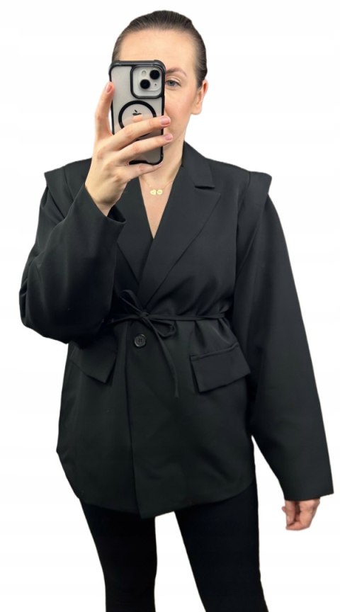 Marynarka oversize luźna poduszki na ramionach wiązanie czarna- VALENTINA