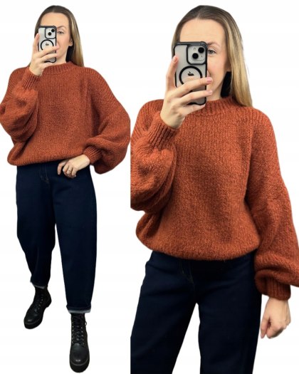 Sweter oversize ceglasty beżowy bufiaste rękawy chmurka 12% kid moher wełna- CLOUDY