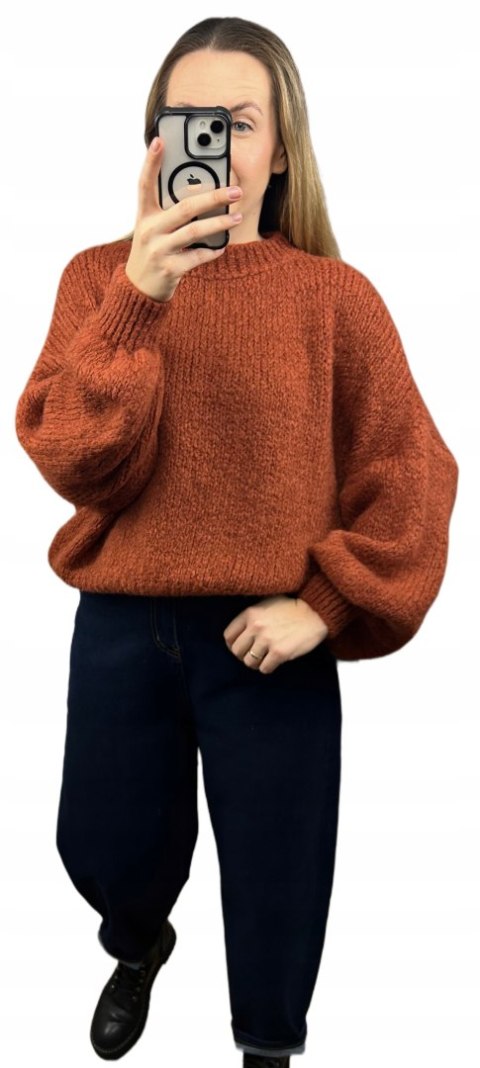 Sweter oversize ceglasty beżowy bufiaste rękawy chmurka 12% kid moher wełna- CLOUDY