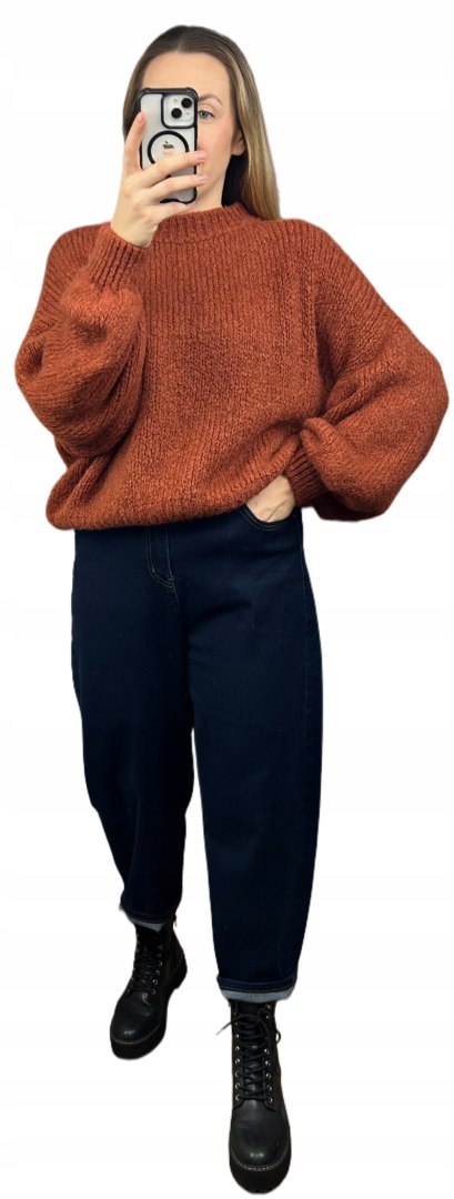 Sweter oversize ceglasty beżowy bufiaste rękawy chmurka 12% kid moher wełna- CLOUDY