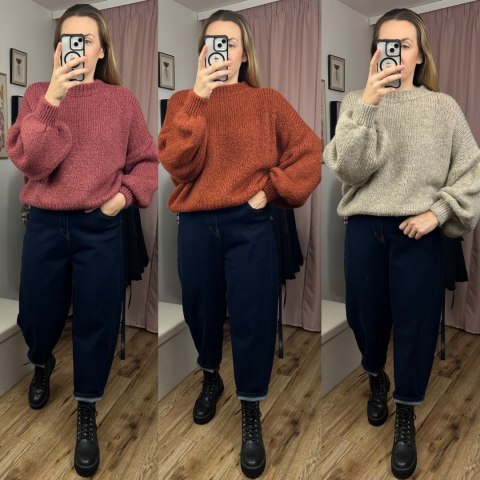 Sweter oversize ceglasty beżowy bufiaste rękawy chmurka 12% kid moher wełna- CLOUDY