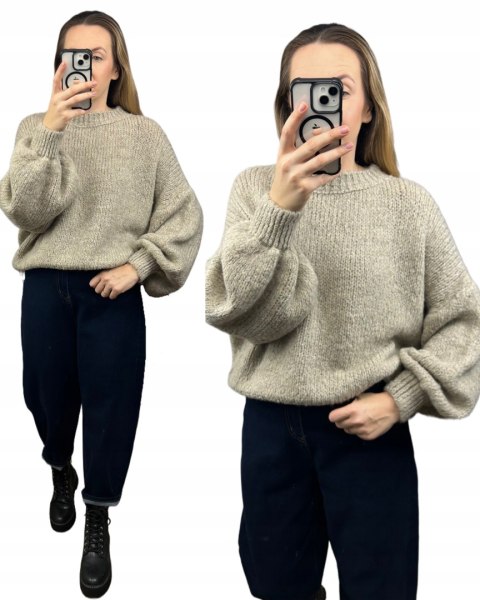 Sweter oversize fango beżowy bufiaste rękawy chmurka 12% kid moher wełna- CLOUDY