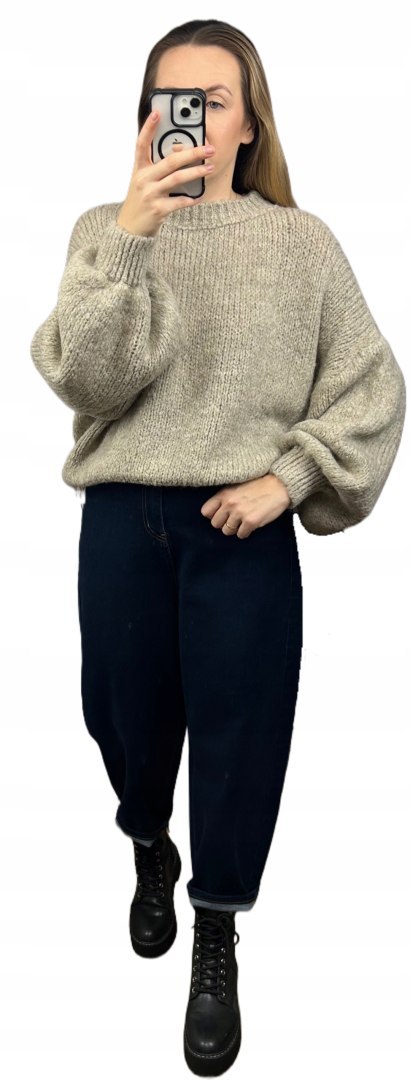 Sweter oversize fango beżowy bufiaste rękawy chmurka 12% kid moher wełna- CLOUDY