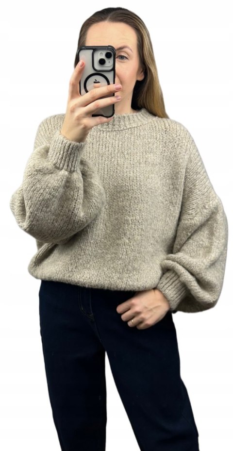 Sweter oversize fango beżowy bufiaste rękawy chmurka 12% kid moher wełna- CLOUDY
