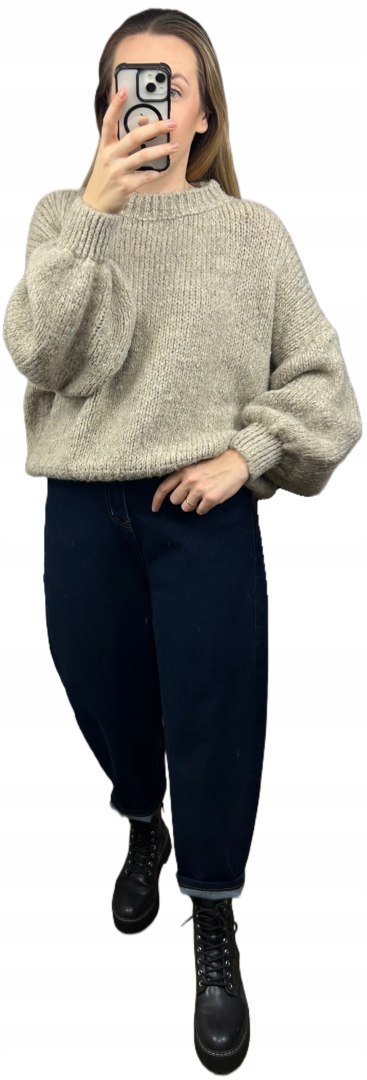 Sweter oversize fango beżowy bufiaste rękawy chmurka 12% kid moher wełna- CLOUDY