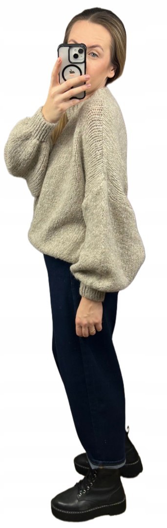 Sweter oversize fango beżowy bufiaste rękawy chmurka 12% kid moher wełna- CLOUDY