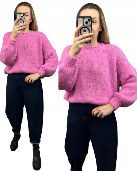 Sweter oversize różowy bufiaste rękawy luźny chmurka 9% wełna 9% wiskoza- MISTY
