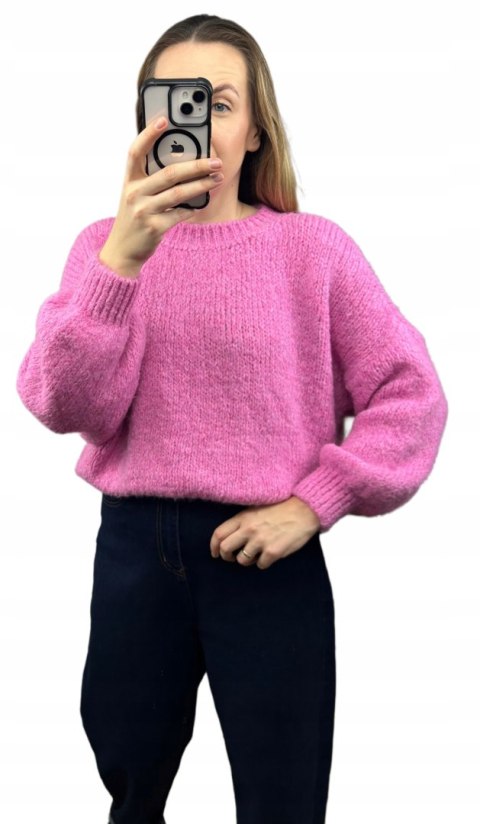 Sweter oversize różowy bufiaste rękawy luźny chmurka 9% wełna 9% wiskoza- MISTY
