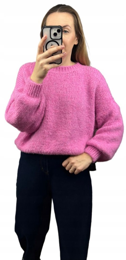 Sweter oversize różowy bufiaste rękawy luźny chmurka 9% wełna 9% wiskoza- MISTY