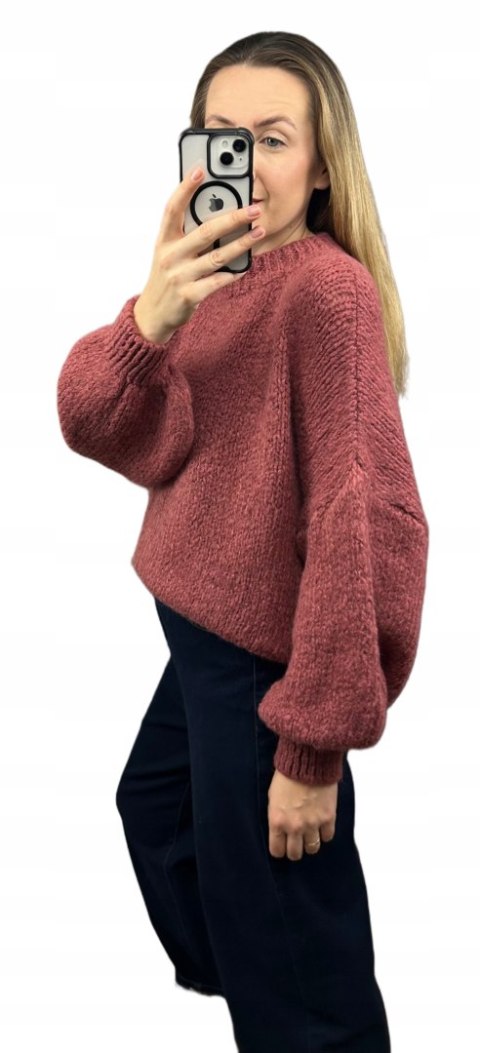 Sweter oversize zgaszony róż bufiaste rękawy chmurka 12% kid moher wełna- CLOUDY