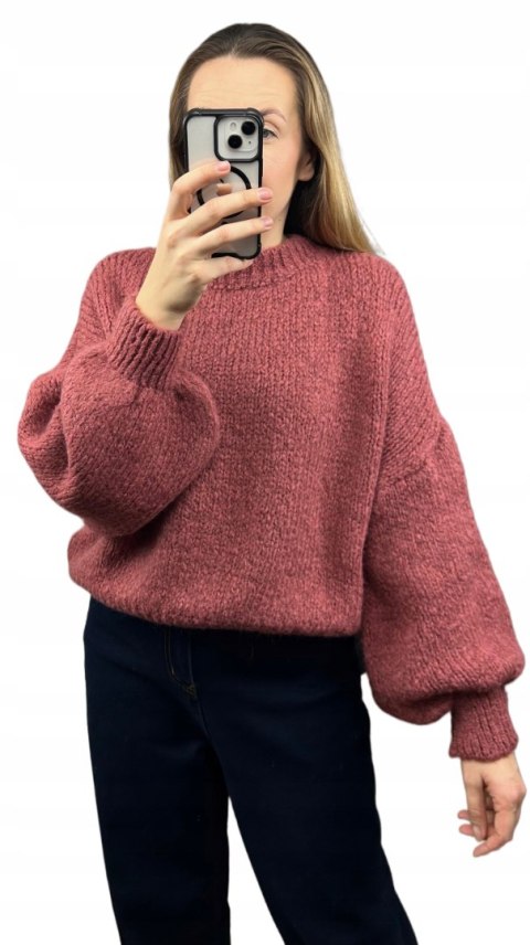 Sweter oversize zgaszony róż bufiaste rękawy chmurka 12% kid moher wełna- CLOUDY