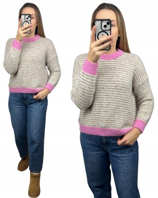 Sweter z wiskozą wełną w poziome paski luźny beżowy różowy śmietanka- MARINA
