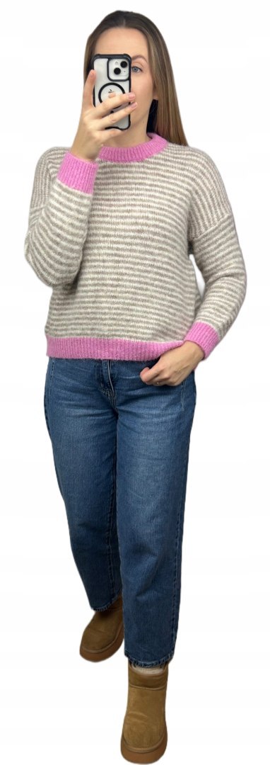 Sweter z wiskozą wełną w poziome paski luźny beżowy różowy śmietanka- MARINA