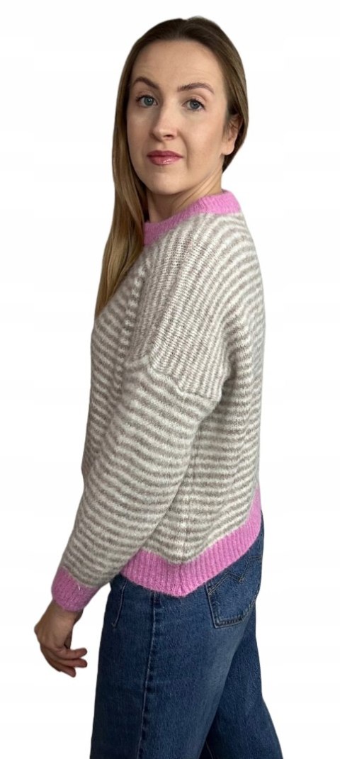 Sweter z wiskozą wełną w poziome paski luźny beżowy różowy śmietanka- MARINA