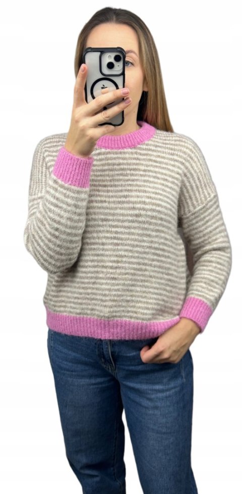 Sweter z wiskozą wełną w poziome paski luźny beżowy różowy śmietanka- MARINA