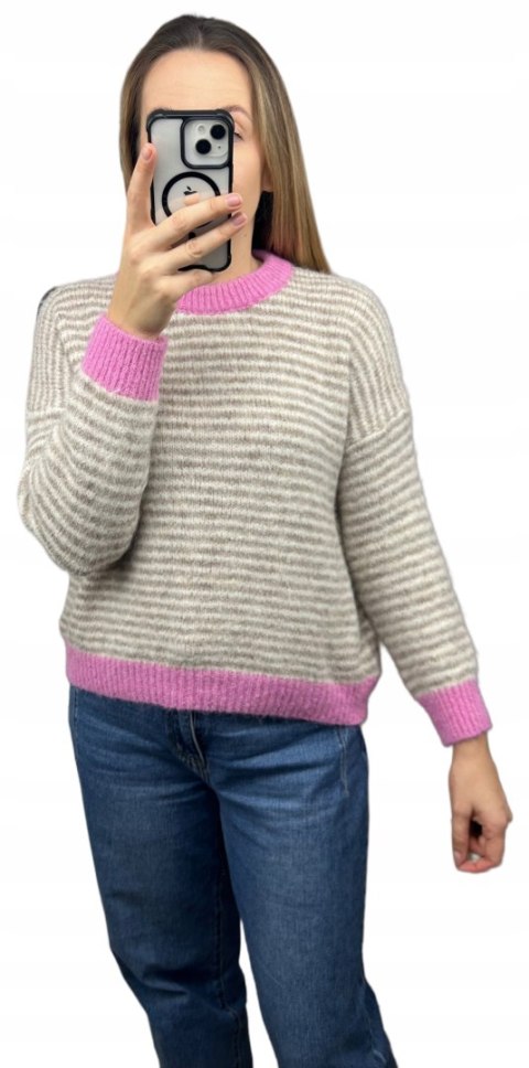 Sweter z wiskozą wełną w poziome paski luźny beżowy różowy śmietanka- MARINA