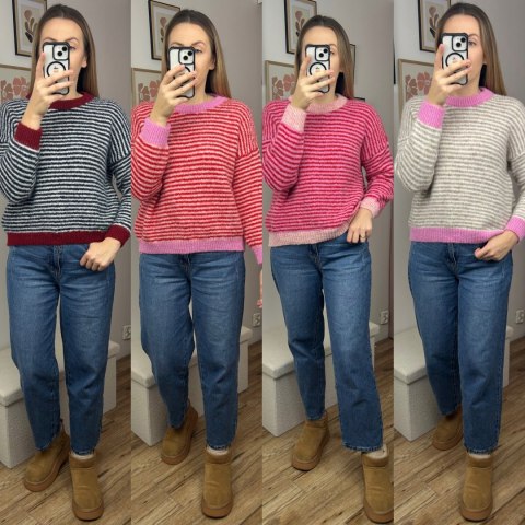 Sweter z wiskozą wełną w poziome paski luźny beżowy różowy śmietanka- MARINA