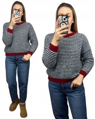 Sweter z wiskozą wełną w poziome paski luźny granatowy czerwony- MARINA