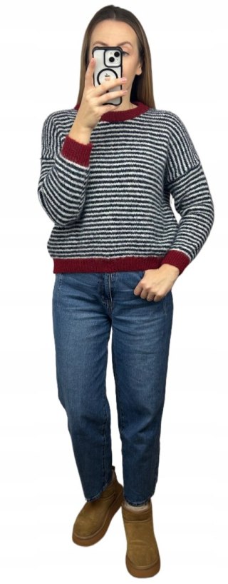 Sweter z wiskozą wełną w poziome paski luźny granatowy czerwony- MARINA