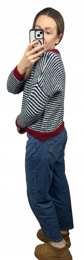 Sweter z wiskozą wełną w poziome paski luźny granatowy czerwony- MARINA