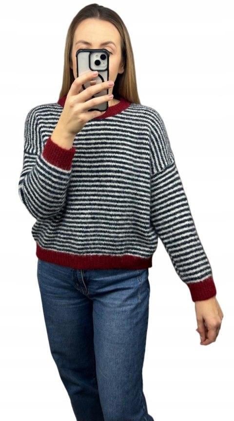 Sweter z wiskozą wełną w poziome paski luźny granatowy czerwony- MARINA