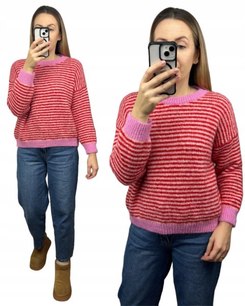 Sweter z wiskozą wełną w poziome paski luźny różowy czerwony- MARINA