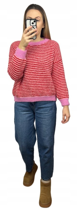 Sweter z wiskozą wełną w poziome paski luźny różowy czerwony- MARINA