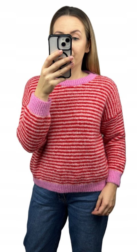 Sweter z wiskozą wełną w poziome paski luźny różowy czerwony- MARINA