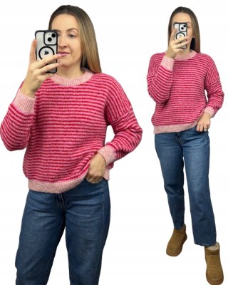 Sweter z wiskozą wełną w poziome paski luźny różowy czerwony- MARINA